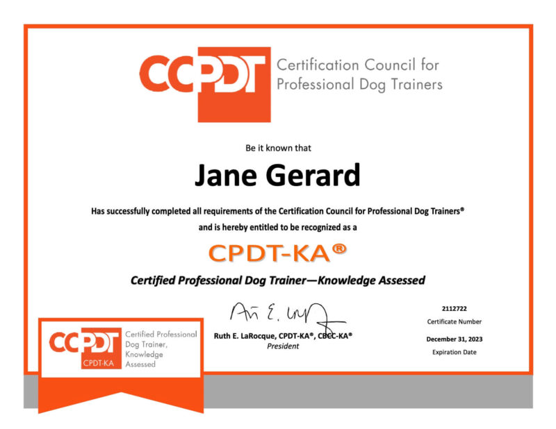 Certification Council for Professional Dog Trainers certificate
